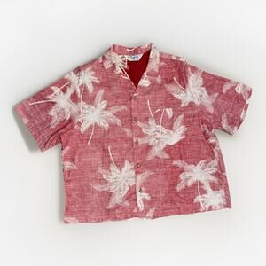 Vintage 70s Tropical Breeze Aloha Shirt Red Palm Tree Print Cotton Single Stitch